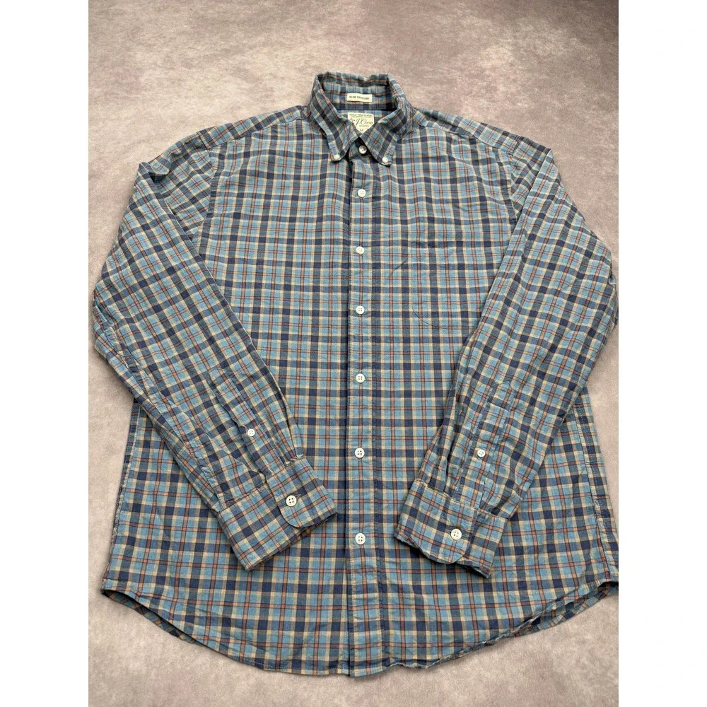 J Crew Shirt Mens Medium Blue Plaid Slim Untucked Organic Cotton‎ Stretch Casual